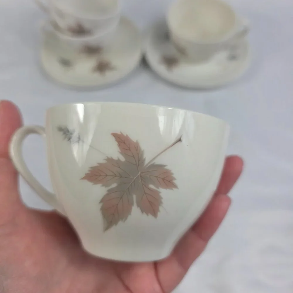 FOUR Royal Doulton Tumbling Leaves Cup & Saucer Sets Gray & Pink Leaves
